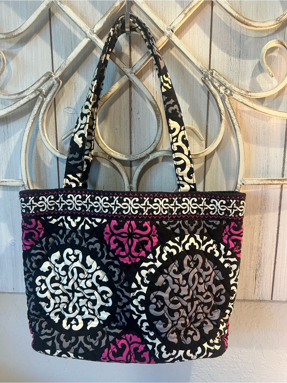 Vera Bradley Black Quilted Tote with Magenta and White Medallions